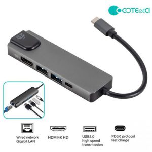 هاب تایپ سی پنج پورت کوتتسی Coteetci HDMI USB3.0*2 ·PD3.0 Gigabit Ethernet 16002