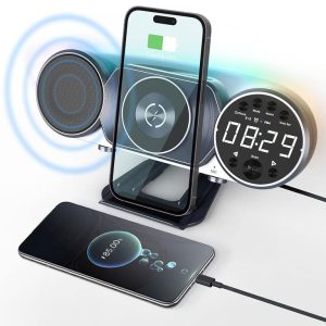 اسپیکر، شارژر بی سیم و سیمی، هولدر موبایل و ساعت رومیزی Wireless Wireless Charge Clock Speakers 6 in 1 WD-100